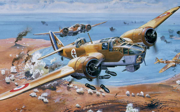 HD PC desktop wallpaper showing military Bristol Blenheim twin-engined bomber in low-level attack over coastline, bombs falling, flak bursts and other aircraft in formation.