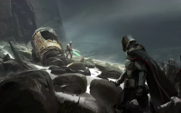 A dramatic scene from Star Wars featuring a Jedi wielding a lightsaber facing Captain Phasma amidst a rocky, sci-fi landscape, set in a captivating HD wallpaper format.