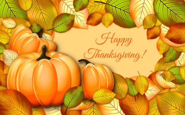 HD PC desktop wallpaper featuring vibrant autumn leaves and pumpkins surrounding the text Happy Thanksgiving, capturing the festive holiday spirit.