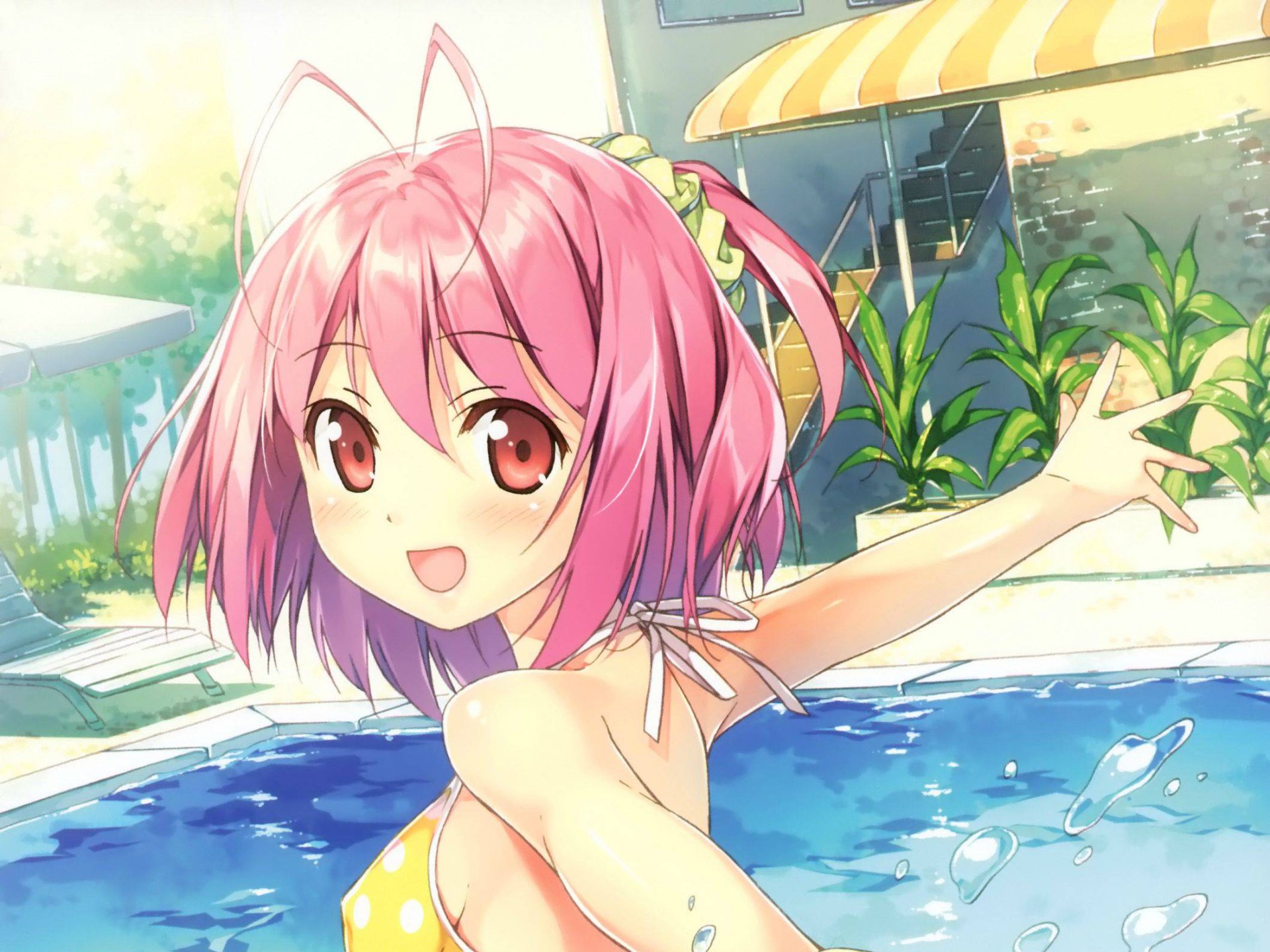 A vibrant HD wallpaper from the anime The World God Only Knows, featuring a cheerful girl with pink hair joyfully splashing by a pool amid a sunny backdrop.