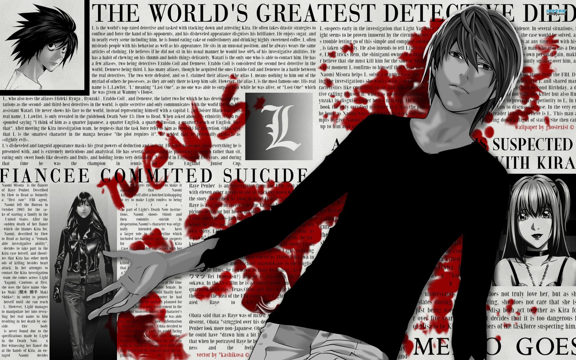 HD PC desktop wallpaper featuring anime characters from Death Note against a newspaper background with blood splatters and bold red text.