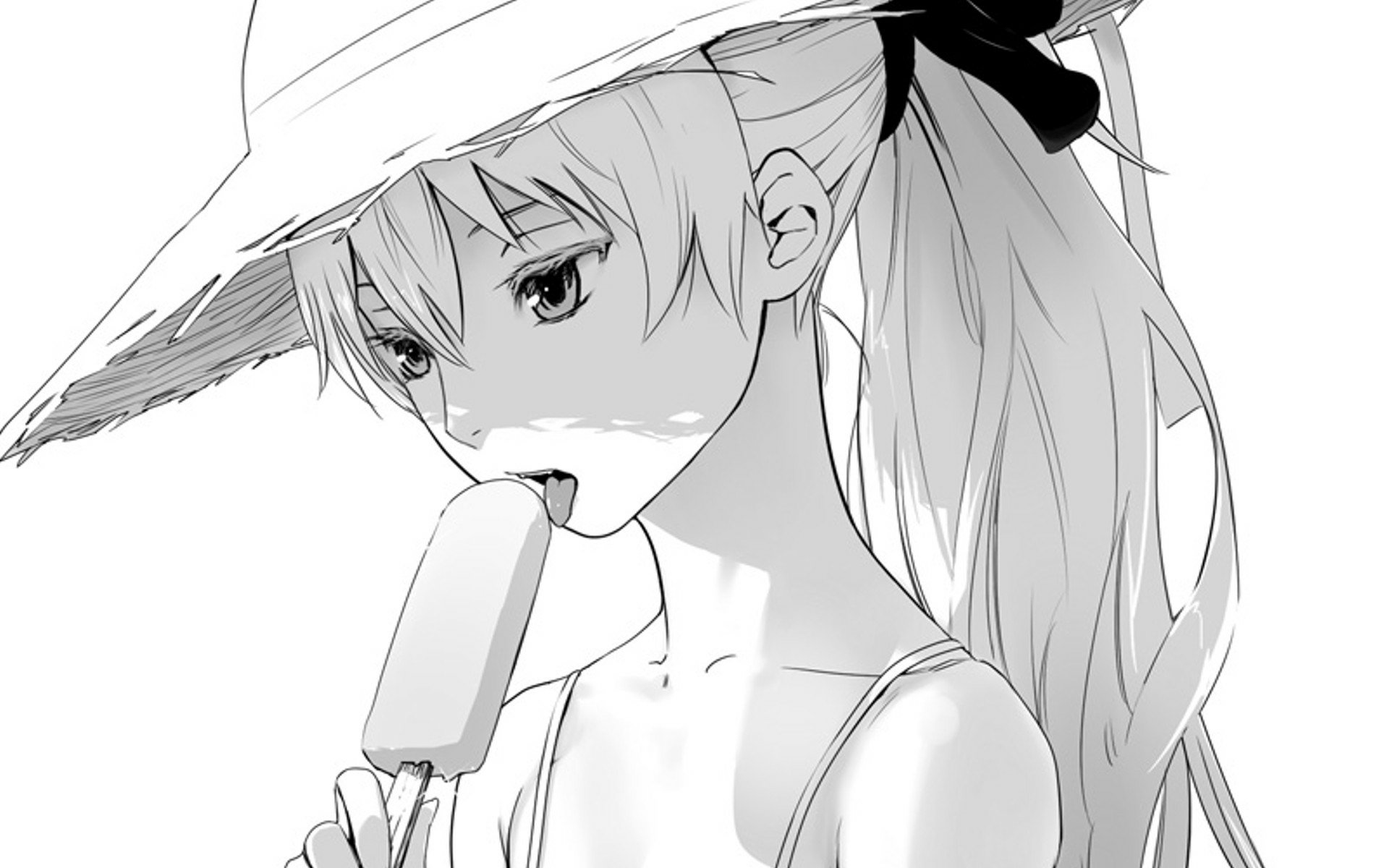 Black-and-white HD anime wallpaper of Yin from Darker Than Black, featuring her in a sunhat enjoying a popsicle with detailed shading and a calm expression.