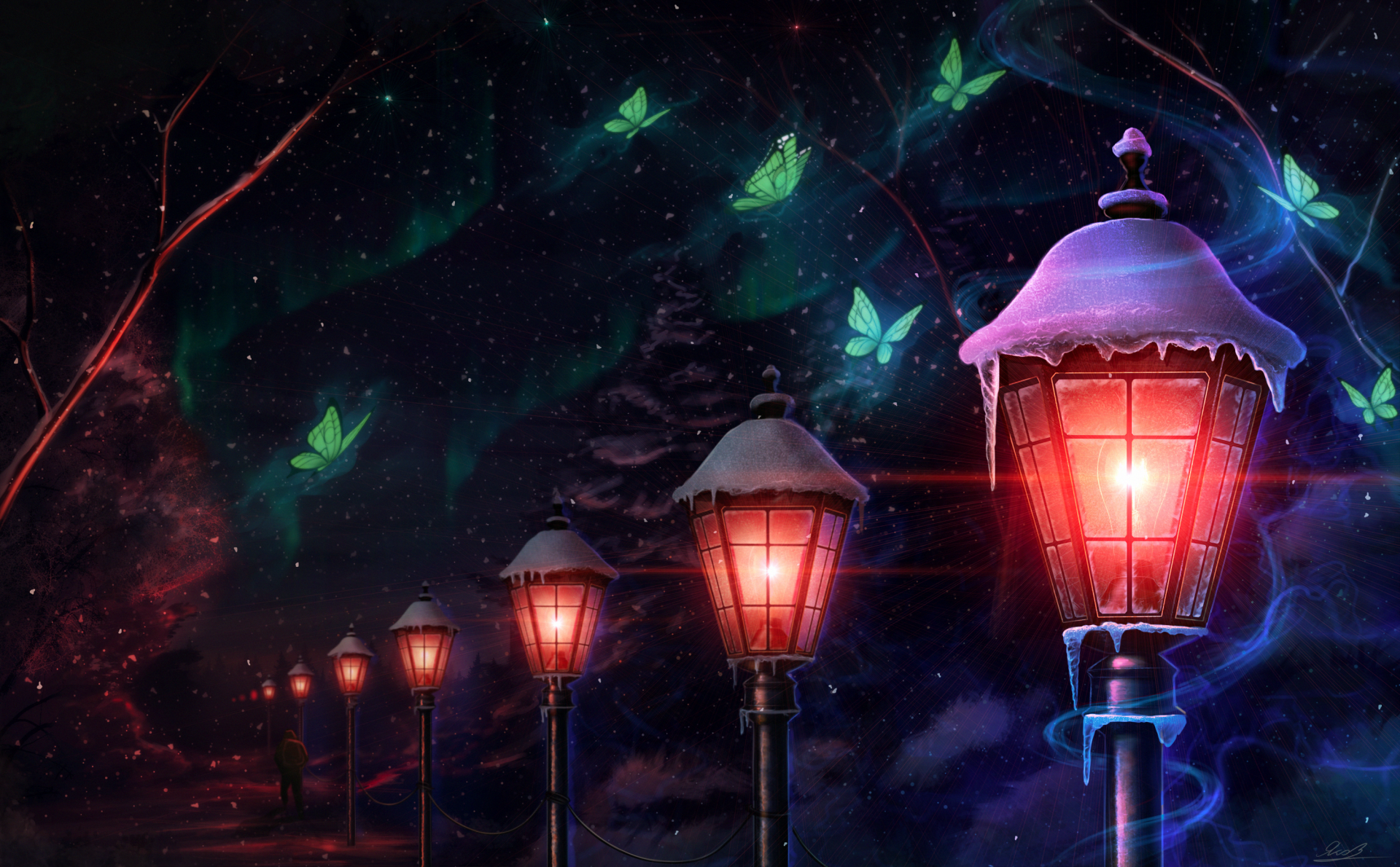 A fantasy landscape with glowing lamp posts covered in snow, surrounded by luminous butterflies against a dark, starry sky. HD desktop wallpaper and background.