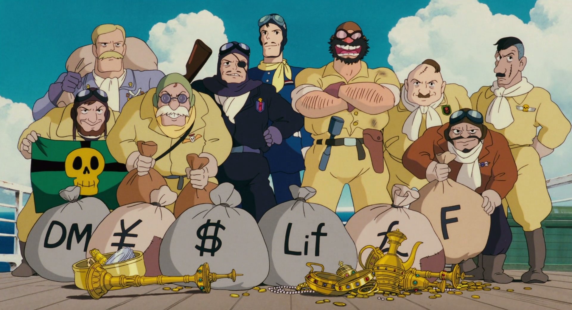 Anime-style HD desktop wallpaper featuring characters from Porco Rosso standing behind sacks of gold and treasure against a bright blue sky with fluffy clouds.