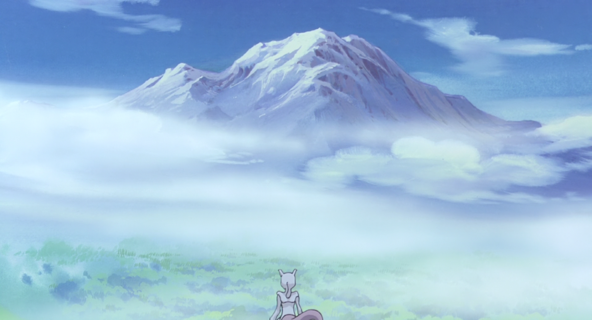 HD PC desktop wallpaper featuring Mewtwo from Pokémon: The First Movie, set against a serene mountain landscape with mist and a clear blue sky.
