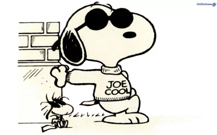 Snoopy, in stylish sunglasses and a JOE COOL sweater, leans against a wall while Woodstock looks on, capturing the playful spirit of the Peanuts comic series in this HD wallpaper.