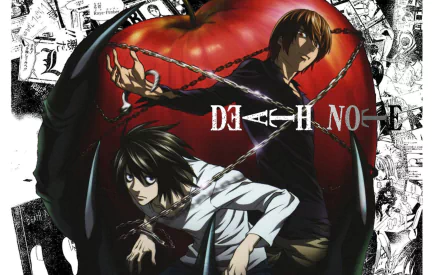 HD desktop wallpaper featuring characters from the anime Death Note with a large red apple in the background and chains connecting the characters, set against a backdrop of manga pages.