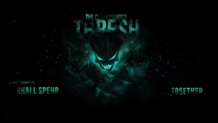 A dark and atmospheric HD wallpaper featuring Thresh, the Chain Warden from League of Legends, with haunting green visuals and the text Shall Spend Together.