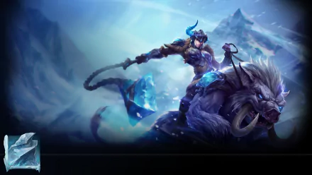 HD PC desktop wallpaper featuring Sejuani from League of Legends riding her armored boar, set against a snowy mountainous backdrop in this video game artwork.