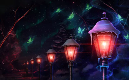A fantasy landscape with glowing lamp posts covered in snow, surrounded by luminous butterflies against a dark, starry sky. HD desktop wallpaper and background.