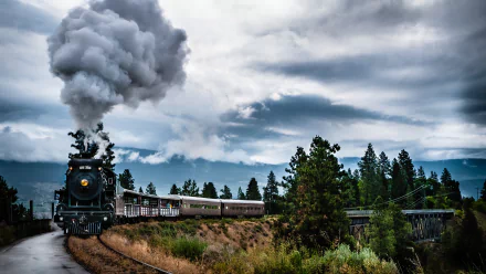 HD desktop wallpaper featuring a vintage train chugging along a railroad amidst dense green forest under a cloudy sky, captured in high dynamic range.