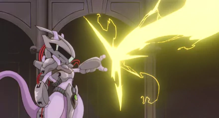 HD PC wallpaper featuring Mewtwo from Pokémon: The First Movie unleashing a powerful electric attack in an anime-style scene.