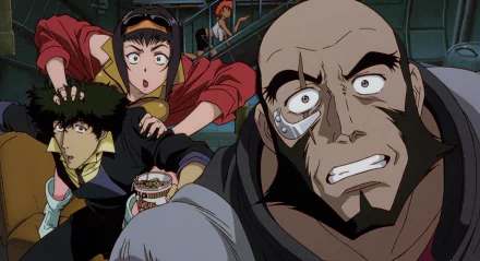 Anime HD desktop wallpaper featuring a dynamic close-up of Cowboy Bebop characters in an intense spaceship scene.