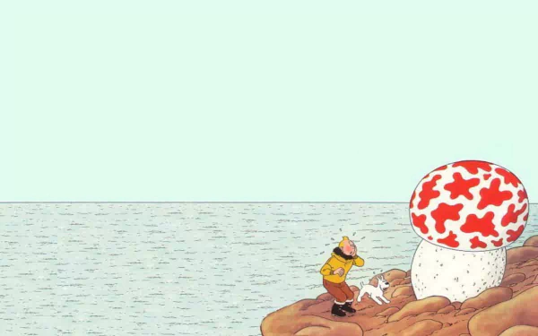 HD PC desktop wallpaper featuring a comic scene from The Adventures of Tintin with Tintin and Snowy near a large red-spotted mushroom on rocky ground.