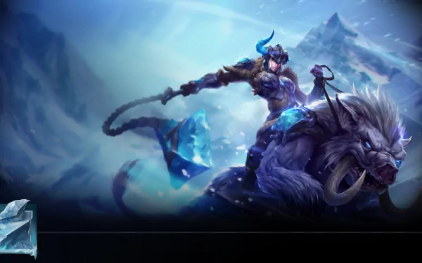 HD PC desktop wallpaper featuring Sejuani from League of Legends riding her armored boar, set against a snowy mountainous backdrop in this video game artwork.