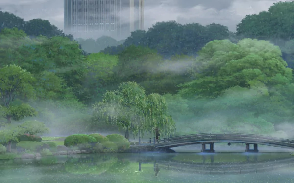 Anime-style HD desktop wallpaper from The Garden of Words featuring a serene garden with lush greenery, mist, and a small arched bridge over calm water.