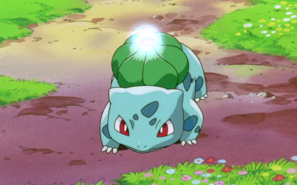 Bulbasaur from Pokémon, featured in Pokémon: The First Movie, crawls along a path adorned with grass and flowers in this vibrant HD desktop wallpaper.
