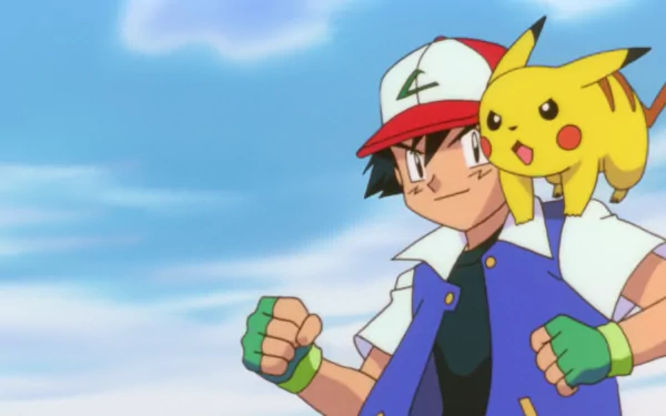 Ash Ketchum stands confidently with Pikachu on his shoulder against a blue sky, capturing the spirit of adventure from Pokémon: The First Movie in this vibrant HD wallpaper.