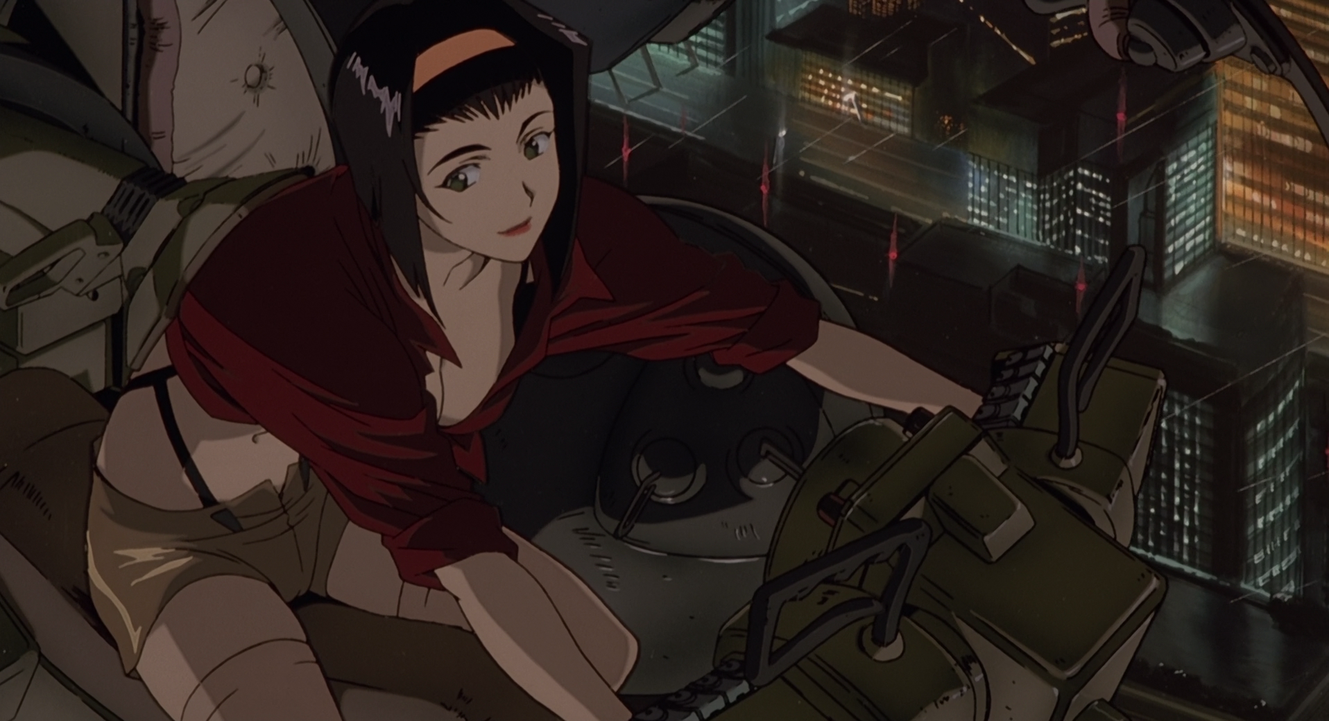 A vibrant HD wallpaper featuring a character from the anime Cowboy Bebop, set against a backdrop of a futuristic cityscape at night, showcasing dynamic colors and detailed artistry.