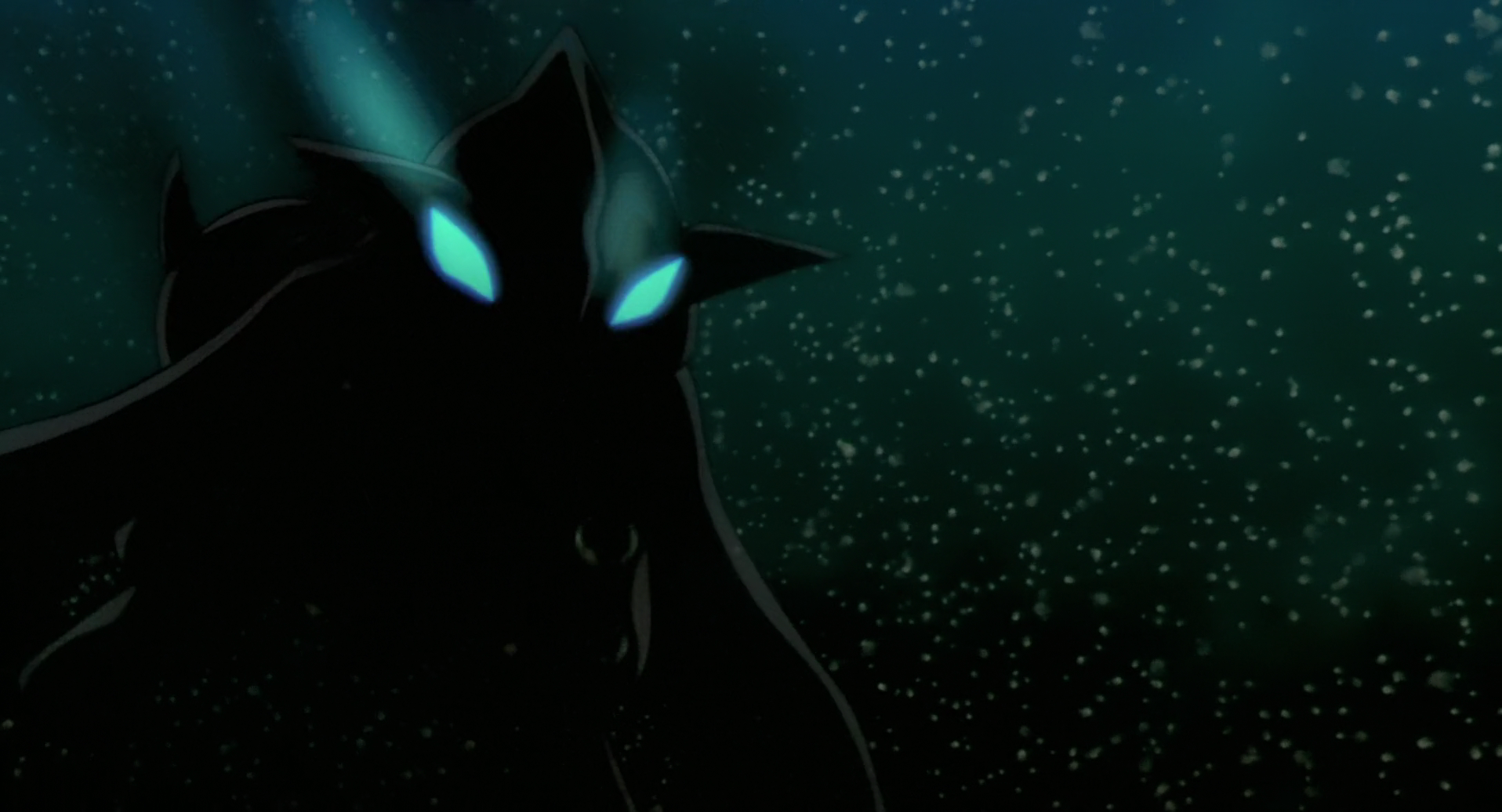 HD desktop wallpaper featuring Lugia from Pokémon: The Movie 2000, depicted with glowing blue eyes in a dark, starry underwater scene.
