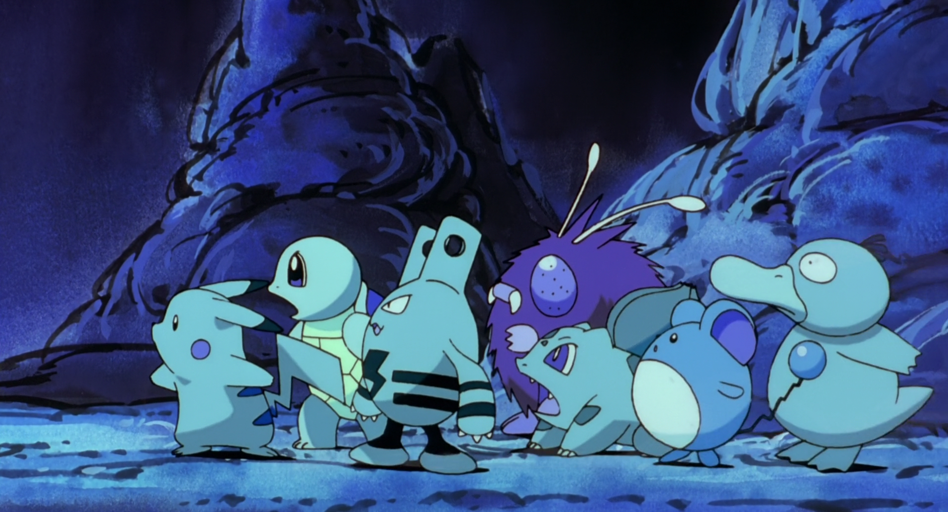 A vibrant HD wallpaper featuring Psyduck, Marill, Bulbasaur, Venonat, Elekid, Squirtle, and Pikachu in an animated Pokémon scene, set against a mystical backdrop.