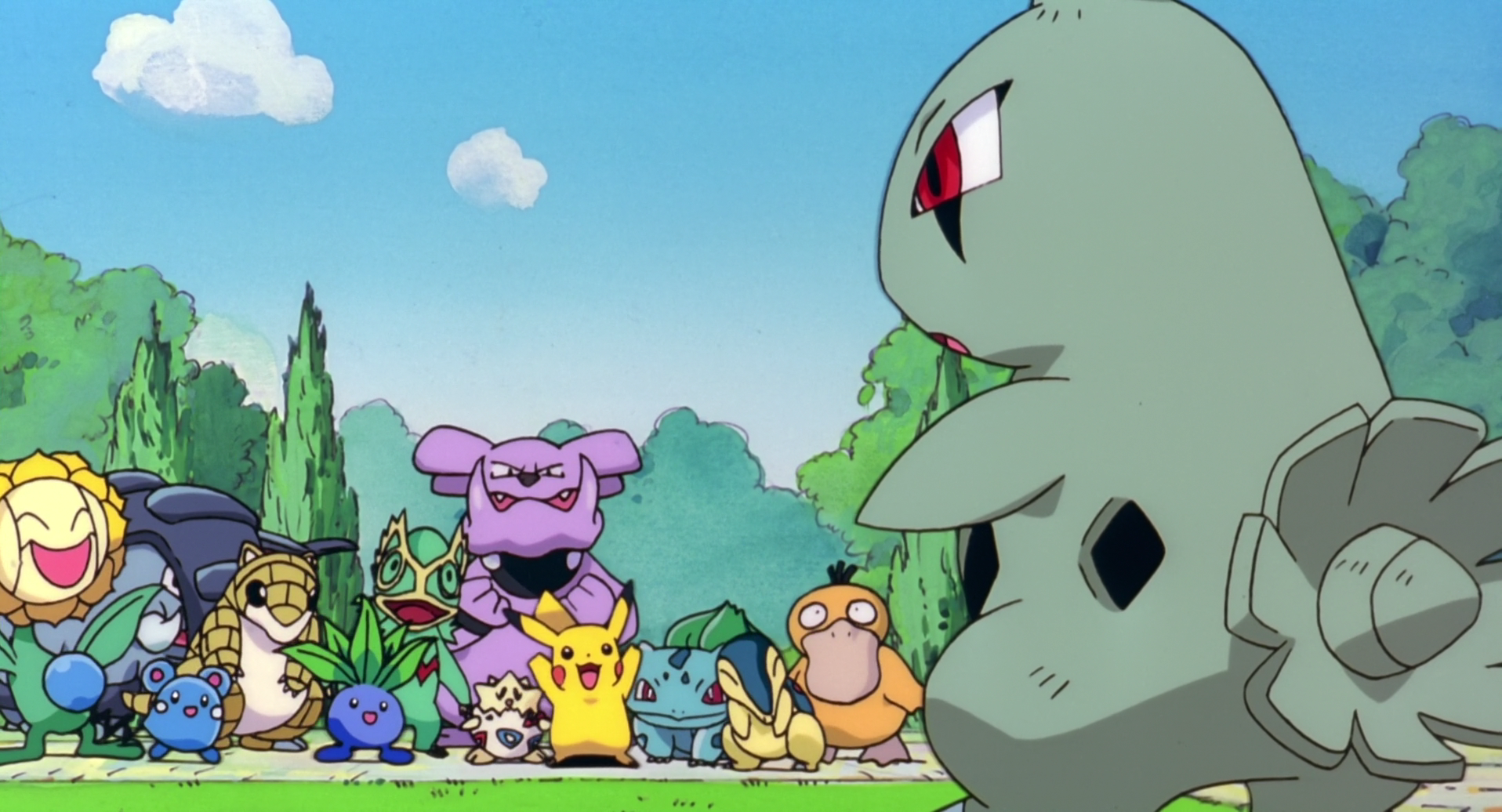 HD anime-style Pokémon desktop wallpaper featuring Pikachu, Pikaboo, Azumarill, Sandshrew, Oddish, Togepi, Cyndaquil, Bulbasaur, Donphan, Sunflora, Kecleon, Granbull, Psyduck, and Larvitar in a grassy outdoor setting.