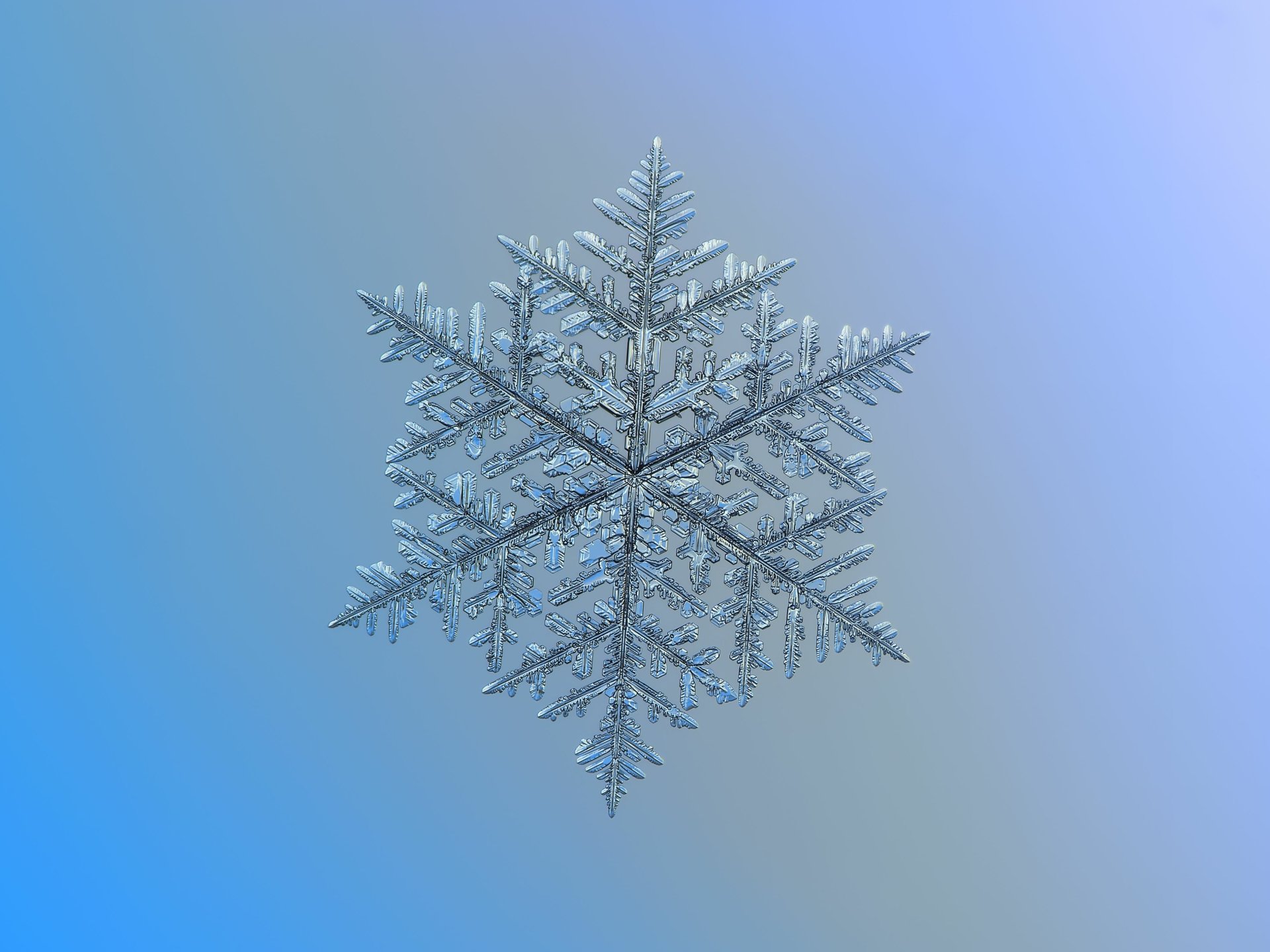 Macro shot of a symmetric crystal snowflake against a soft blue background, captured in high definition for a PC desktop wallpaper.