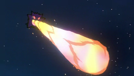 HD desktop wallpaper featuring Gengar from Pokémon, emitting a fiery blast against a starry night background. This anime-inspired image showcases the dynamic power of the popular Pokémon character.