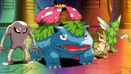HD anime desktop wallpaper featuring Pokémon from Pokémon: The First Movie, including Hitmonlee, Venusaur, Sandslash, and Scyther lined up against a colorful background.