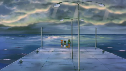 Pikachu, Brock, Misty, and Ash Ketchum stand on a rain-soaked pier, gazing at the ocean under a stormy sky in this HD wallpaper inspired by Pokémon: The First Movie.