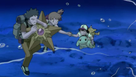 Ash, Misty, and Brock underwater with Pikachu, Squirtle, and Staryu from Pokémon: The First Movie in an HD anime desktop wallpaper scene.
