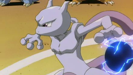 HD PC desktop wallpaper featuring Mewtwo from Pokémon: The First Movie in an intense battle stance, channeling electric energy in this iconic anime scene.