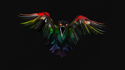 Vibrant multicolored bird with glowing red eyes spreads its wings against a black background, featured as a Knife Party album cover and HD PC desktop wallpaper.