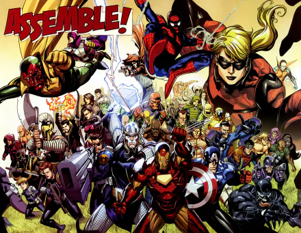 HD PC desktop wallpaper featuring a vibrant Marvel's Avengers Assemble comic scene with numerous iconic superheroes in dynamic action poses.