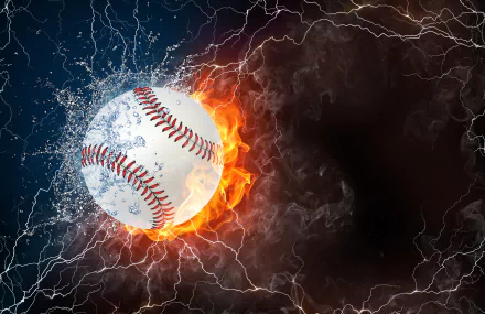 A dynamic image of a baseball surrounded by fire and water effects. This HD desktop wallpaper captures the intensity of the sport.