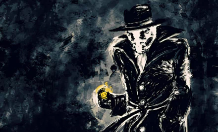 A stylized Rorschach from the comic Watchmen, wearing a trench coat and hat, holding a glowing smiley face, set against a dark, moody background. HD desktop wallpaper.