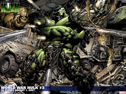 HD PC desktop wallpaper featuring the Hulk in intense action from the World War Hulk comic, showcasing his powerful and destructive fury amidst chaos and debris.