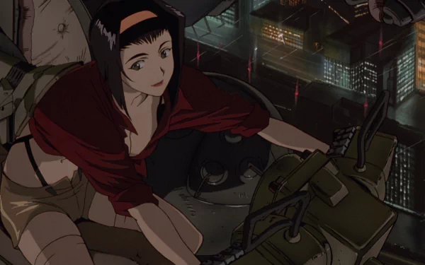 A vibrant HD wallpaper featuring a character from the anime Cowboy Bebop, set against a backdrop of a futuristic cityscape at night, showcasing dynamic colors and detailed artistry.