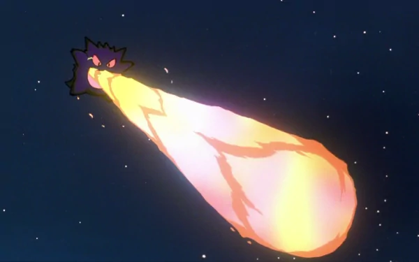 HD desktop wallpaper featuring Gengar from Pokémon, emitting a fiery blast against a starry night background. This anime-inspired image showcases the dynamic power of the popular Pokémon character.