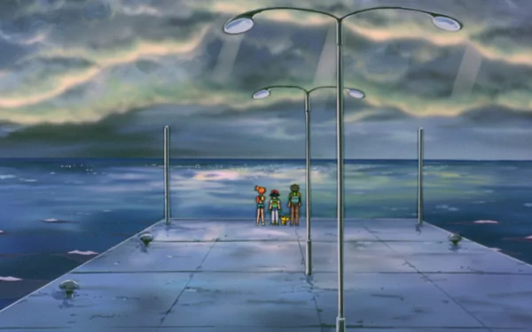 Pikachu, Brock, Misty, and Ash Ketchum stand on a rain-soaked pier, gazing at the ocean under a stormy sky in this HD wallpaper inspired by Pokémon: The First Movie.