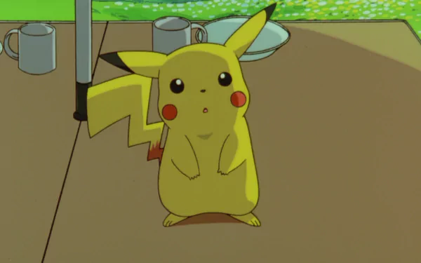 HD wallpaper featuring Pikachu from Pokémon: The First Movie, set in a vibrant outdoor scene with a table and scattered dishes, capturing the essence of anime charm.