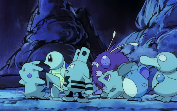 A vibrant HD wallpaper featuring Psyduck, Marill, Bulbasaur, Venonat, Elekid, Squirtle, and Pikachu in an animated Pokémon scene, set against a mystical backdrop.