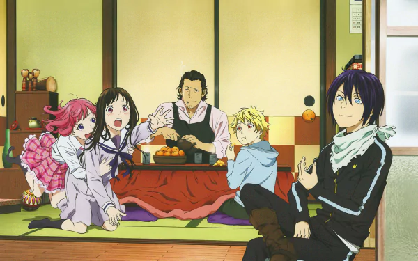 An HD desktop wallpaper featuring Daikoku, Kofuku Ebisu, Hiyori Iki, Yukine, and Yato from the anime Noragami, all gathered in a traditional Japanese room.
