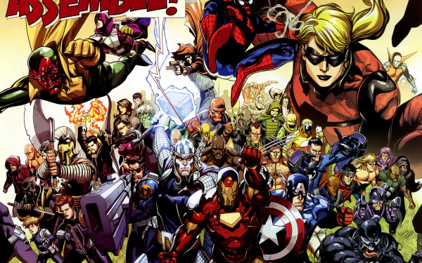 HD PC desktop wallpaper featuring a vibrant Marvel's Avengers Assemble comic scene with numerous iconic superheroes in dynamic action poses.