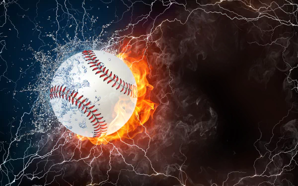 A dynamic image of a baseball surrounded by fire and water effects. This HD desktop wallpaper captures the intensity of the sport.