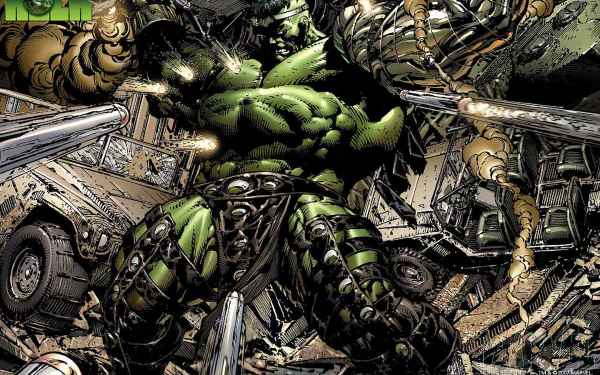 HD PC desktop wallpaper featuring the Hulk in intense action from the World War Hulk comic, showcasing his powerful and destructive fury amidst chaos and debris.