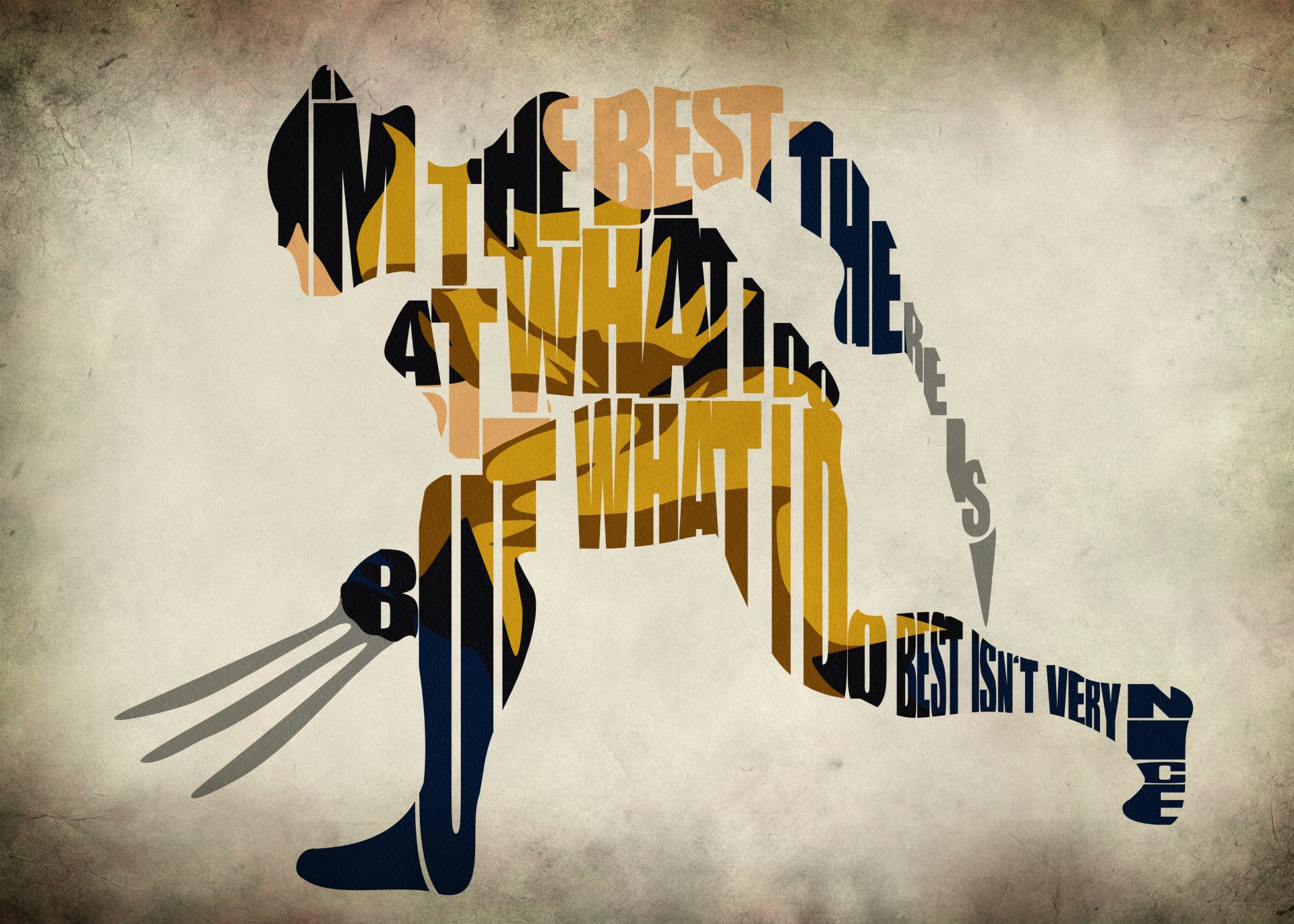 4K Ultra HD PC desktop wallpaper background: comic Wolverine silhouette with extended claws formed from bold typographic text against a worn beige texture.