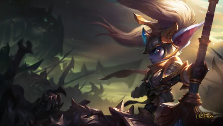 A captivating HD wallpaper featuring Poppy from League of Legends, showcasing her fierce stance against a dramatic backdrop of shadows and mystical elements.