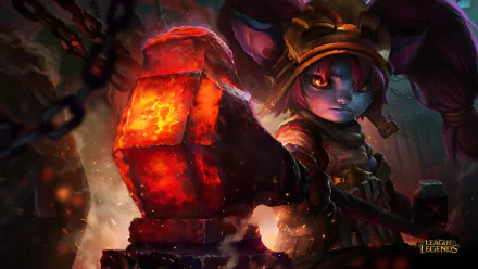 A high-definition desktop wallpaper featuring Poppy from League of Legends, set in Demacia, showcasing her determination as she wields a heavy hammer against a fiery backdrop.