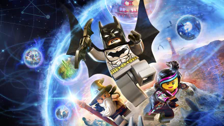 HD PC desktop wallpaper featuring LEGO Dimensions Batman and other characters in a dynamic outer space scene from the video game.